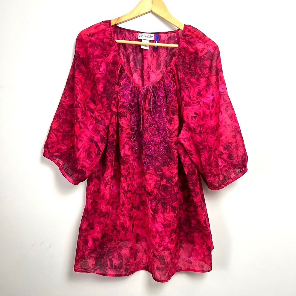 Maggie Barnes for Catherines 1XWP Petite Pink Floral Embroidered Tie Neck Blouse